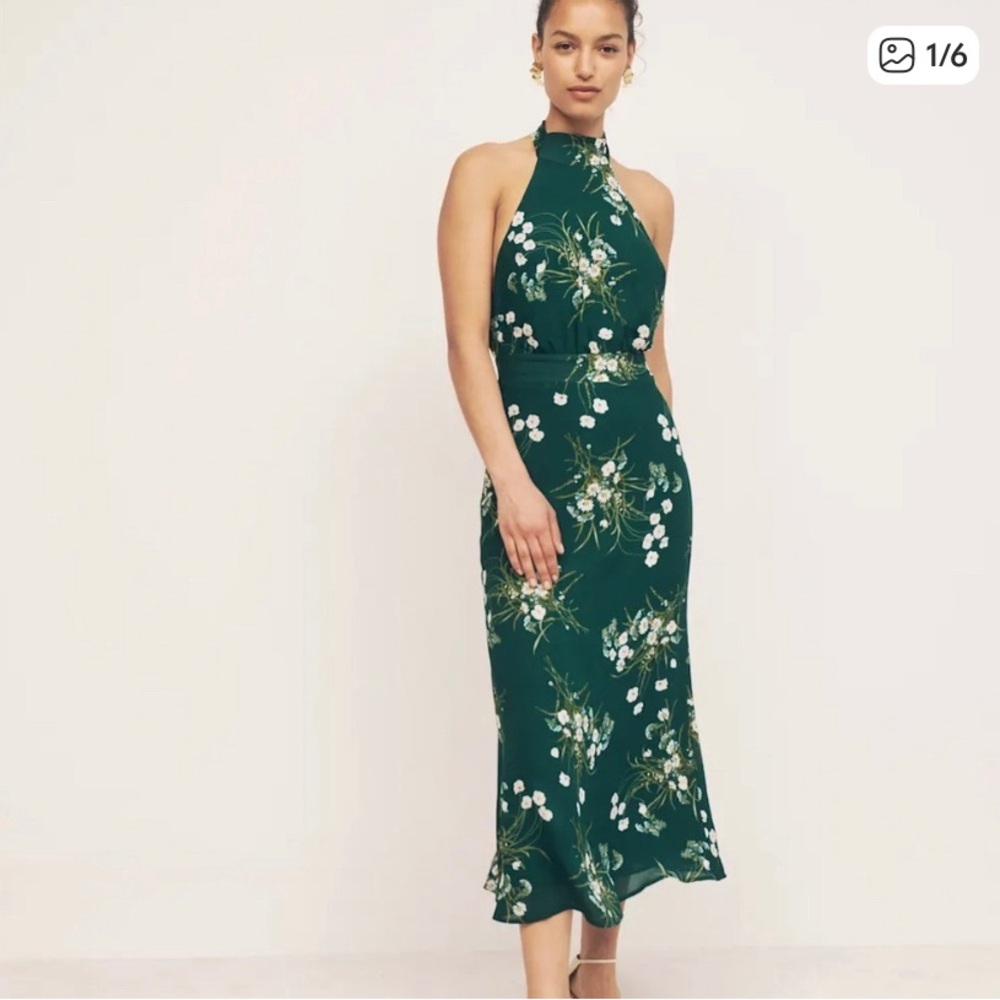 Reformation Lizbeth Dark Green Floral Midi Dress